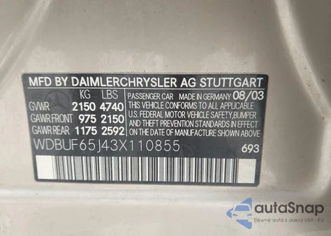 2003 Mercedes-Benz E 320 z USA, uszkodzony, nr VIN WDBUF65J43X110855